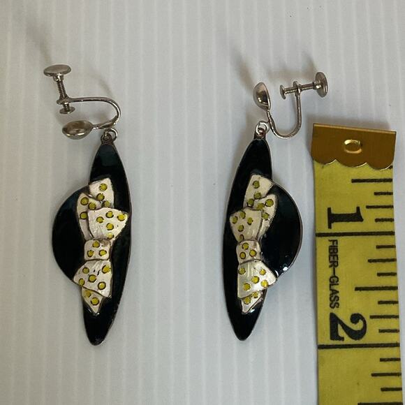 Vintage Enamel Bow Earring Screw Back Black White Yellow Polka Dot Mod 60s Style - Picture 4 of 4